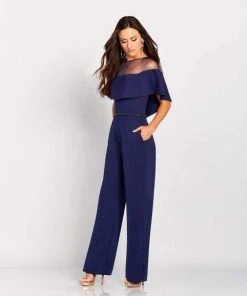 Cameron Blake By Mon Cheri - Beaded Illusion Neck Jumpsuit 119665 - 1 Pc Navy In Size 14 Available