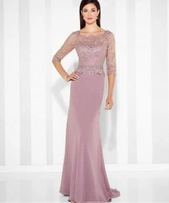 Cameron Blake By Mon Cheri - Quarter Sleeve Scalloped Lace Evening Gown 117617 - 1 Pc Dark Aqua In Size 14 And 1 Pc Pink Topaz In Size 18 Available