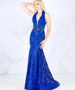 Cassandra Stone - 12137A Collared Plunging Halter Sequined Gown Formal Gowns