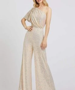 Cassandra Stone - 30692A Sequined Flutter Sleeve Asymmetrical Jumpsuit