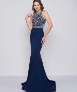Formal Gowns Cassandra Stone - 40934A Beaded Halter Mermaid Dress With Train