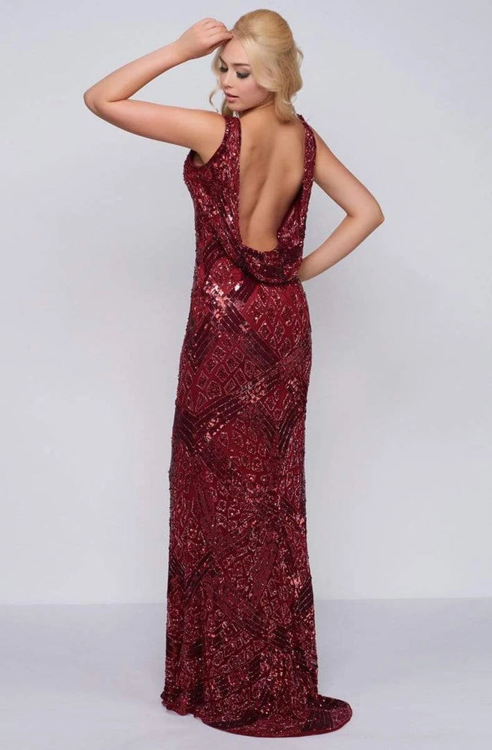 Cassandra Stone - 4436A V Neck Sequin Ornate Draped Back Evening Gown Formal Gowns 4 Cassandra Stone - 4436A V Neck Sequin Ornate Draped Back Evening Gown Formal Gowns