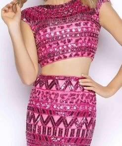 Cassandra Stone - 4515A Two Piece Aztec Sequined Sheath Gown