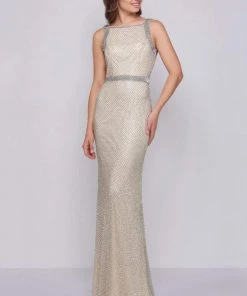 Cassandra Stone - 4709A Square Neck Drape Back Beaded Net Sheath Gown Formal Gowns