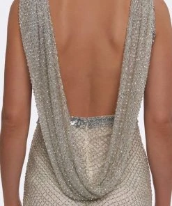 Cassandra Stone - 4709A Square Neck Drape Back Beaded Net Sheath Gown Formal Gowns