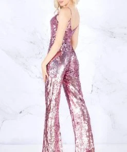 Plus Size Dresses Cassandra Stone - 4864A Allover Sequin V Neckline Jumpsuit