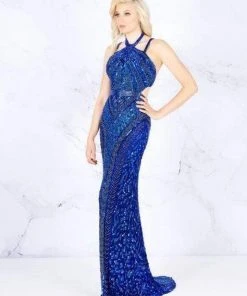 Cassandra Stone - 4872A Bedazzled Halter Sheath Dress With Train
