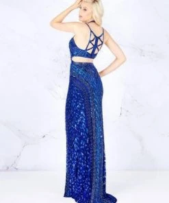 Cassandra Stone - 4872A Bedazzled Halter Sheath Dress With Train
