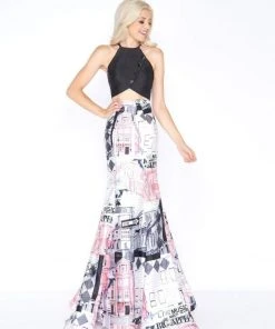 Formal Gowns Cassandra Stone - 66374A Two Piece Buttoned Halter Printed Mikado Gown