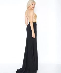 Cassandra Stone - 66525A Halter Gold Beaded Cutout Slit Evening Gown 5 Cassandra Stone - 66525A Halter Gold Beaded Cutout Slit Evening Gown