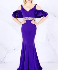 Cassandra Stone - 66857A Ruffle Accented Wide V-neck Mermaid Dress Formal Gowns