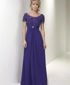 Formal Gowns Christina Wu Elegance - Short Sleeve Jeweled Lace Draped Gown 17769