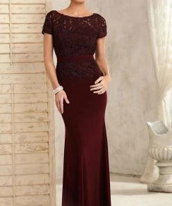 Christina Wu Elegance Short Sleeve Jeweled Lace Peplum Sheath Gown - 1 Pc Wine In Size 6 Available Formal Gowns