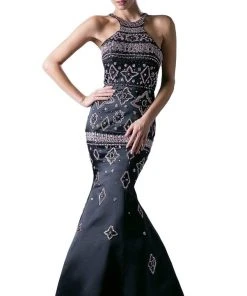 Formal Gowns Cinderella Divine - 13118 Beaded High Halter Satin Mermaid Gown