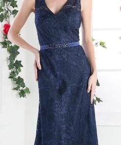 Cinderella Divine - 1420 Beaded Lace V-neck Sheath Dress