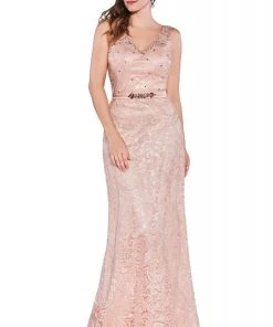 Cinderella Divine - 1420 Beaded Lace V-neck Sheath Dress