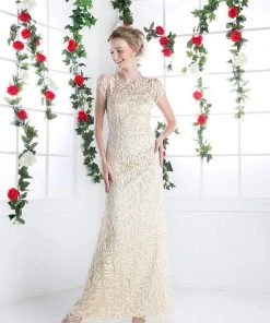 Cinderella Divine - 1920 Embellished Illusion Jewel Neck Sheath Dress Formal Gowns