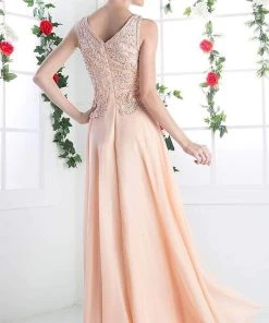 Cinderella Divine - 1945 Sleeveless Lace Appliqued A-Line Long Dress Formal Gowns