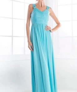 Cinderella Divine - 3984 V-Neck Ruched Bodice Chiffon A-Line Gown Formal Gowns