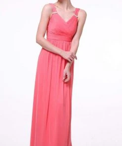 Cinderella Divine - 3984 V-Neck Ruched Bodice Chiffon A-Line Gown Formal Gowns