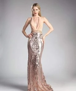 Formal Gowns Cinderella Divine - 62515 Sequined High Halter Evening Gown