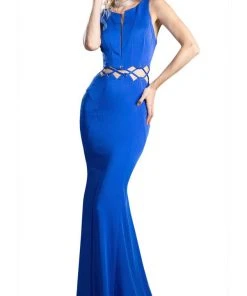 Formal Gowns Cinderella Divine - 6485 Plunging Notched Lace-Up Cutout Long Gown