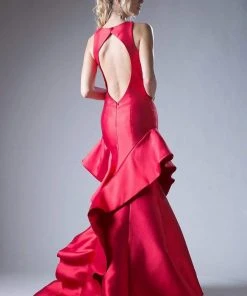 Formal Gowns Cinderella Divine - 71428 High Neck Symmetrical Cascade Mermaid Gown