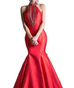 Cinderella Divine - 72046 High Halter Fitted Mermaid Gown Formal Gowns
