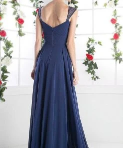 Cinderella Divine - 7461 Beaded Strap Pleated A-Line Chiffon Gown Formal Gowns