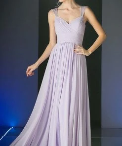 Cinderella Divine - 7461 Beaded Strap Pleated A-Line Chiffon Gown Formal Gowns