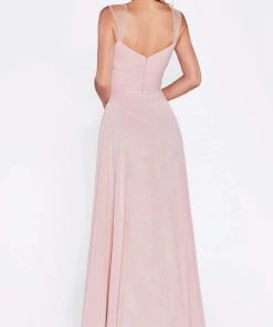 Cinderella Divine - 7461 Beaded Strap Pleated A-Line Chiffon Gown Formal Gowns