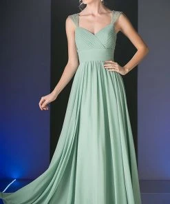 Cinderella Divine - 7461 Beaded Strap Pleated A-Line Chiffon Gown Formal Gowns