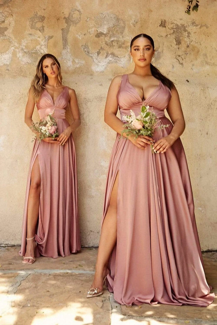 Cinderella Divine - 7469 Satin V-Neck A-Line Dress With Slit Formal Gowns 4 Cinderella Divine - 7469 Satin V-Neck A-Line Dress With Slit Formal Gowns