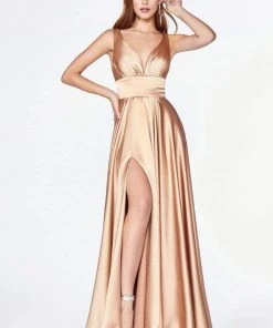 Cinderella Divine - 7469 Sleeveless V Neck Flowing Satin Gown 24 Cinderella Divine - 7469 Sleeveless V Neck Flowing Satin Gown