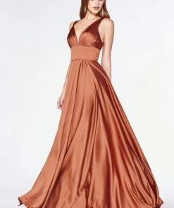 Cinderella Divine - 7469 Sleeveless V Neck Flowing Satin Gown 17 Cinderella Divine - 7469 Sleeveless V Neck Flowing Satin Gown