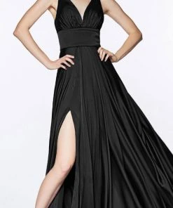 Cinderella Divine - 7469 Sleeveless V Neck High Slit Satin Gown