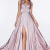 Formal Gowns Cinderella Divine - 7469 V Neck High Slit Satin Flowy A-Line Dress