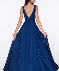 Formal Gowns Cinderella Divine - 7469 V Neck High Slit Satin Flowy A-Line Dress