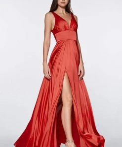 Formal Gowns Cinderella Divine - 7469 V Neck High Slit Satin Flowy A-Line Dress