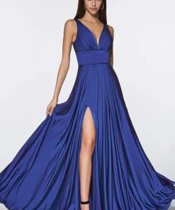 Formal Gowns Cinderella Divine - 7469 V Neck High Slit Satin Flowy A-Line Dress
