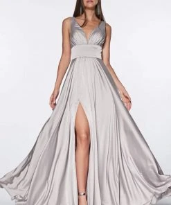 Formal Gowns Cinderella Divine - 7469 V Neck High Slit Satin Flowy A-Line Dress