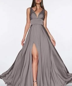 Formal Gowns Cinderella Divine - 7469 V Neck High Slit Satin Flowy A-Line Dress