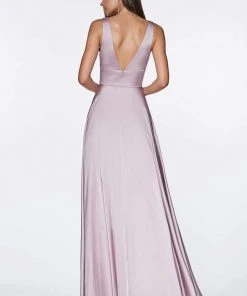 Formal Gowns Cinderella Divine - 7469 V Neck High Slit Satin Flowy A-Line Dress
