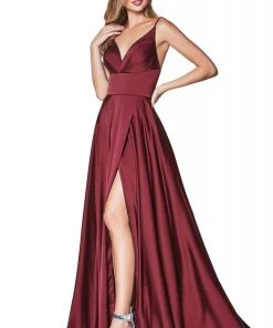 Cinderella Divine - 7472 Spaghetti Straps V Neck Wrap Satin Gown