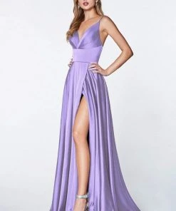 Cinderella Divine - 7472 Spaghetti Straps V Neck Wrap Satin Gown