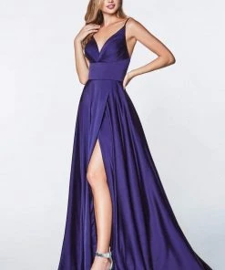 Cinderella Divine - 7472 Spaghetti Straps V Neck Wrap Satin Gown