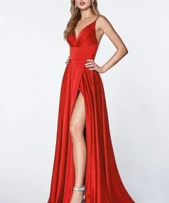 Cinderella Divine - 7472 Spaghetti Straps V Neck Wrap Satin Gown