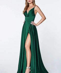 Cinderella Divine - 7472 Spaghetti Straps V Neck Wrap Satin Gown