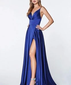 Cinderella Divine - 7472 Spaghetti Straps V Neck Wrap Satin Gown