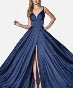 Cinderella Divine - 7472 Spaghetti Straps V Neck Wrap Satin Gown